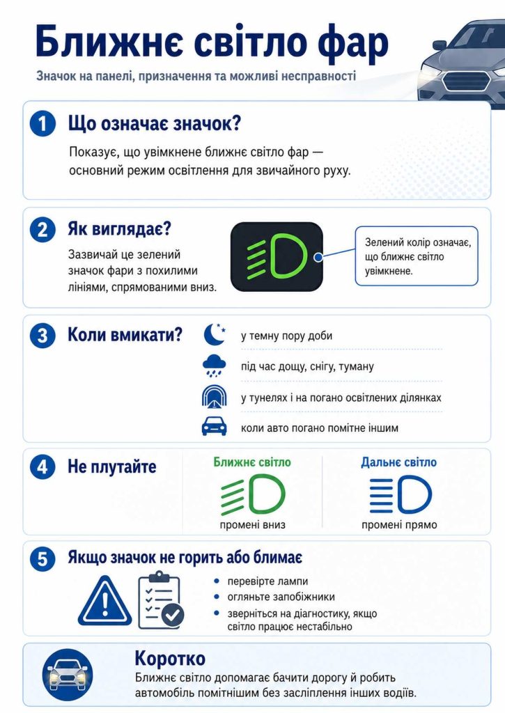 Ближний свет фар: значок на панели — инфографика